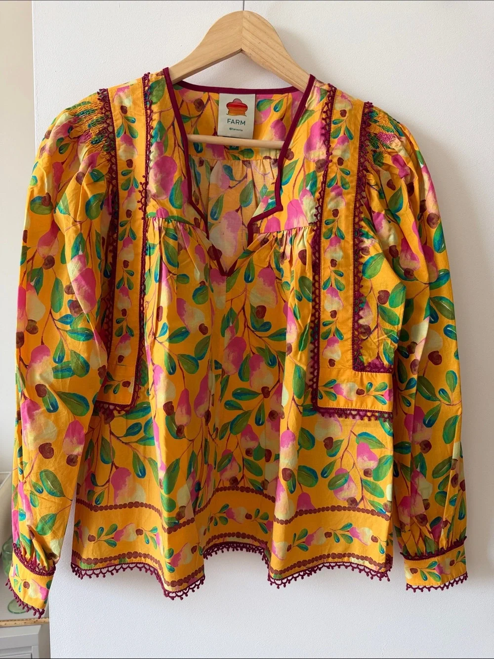 FARM Rio Yellow Floral Peasant Blouse with Pink & Green Motif - Picture 1 of 7